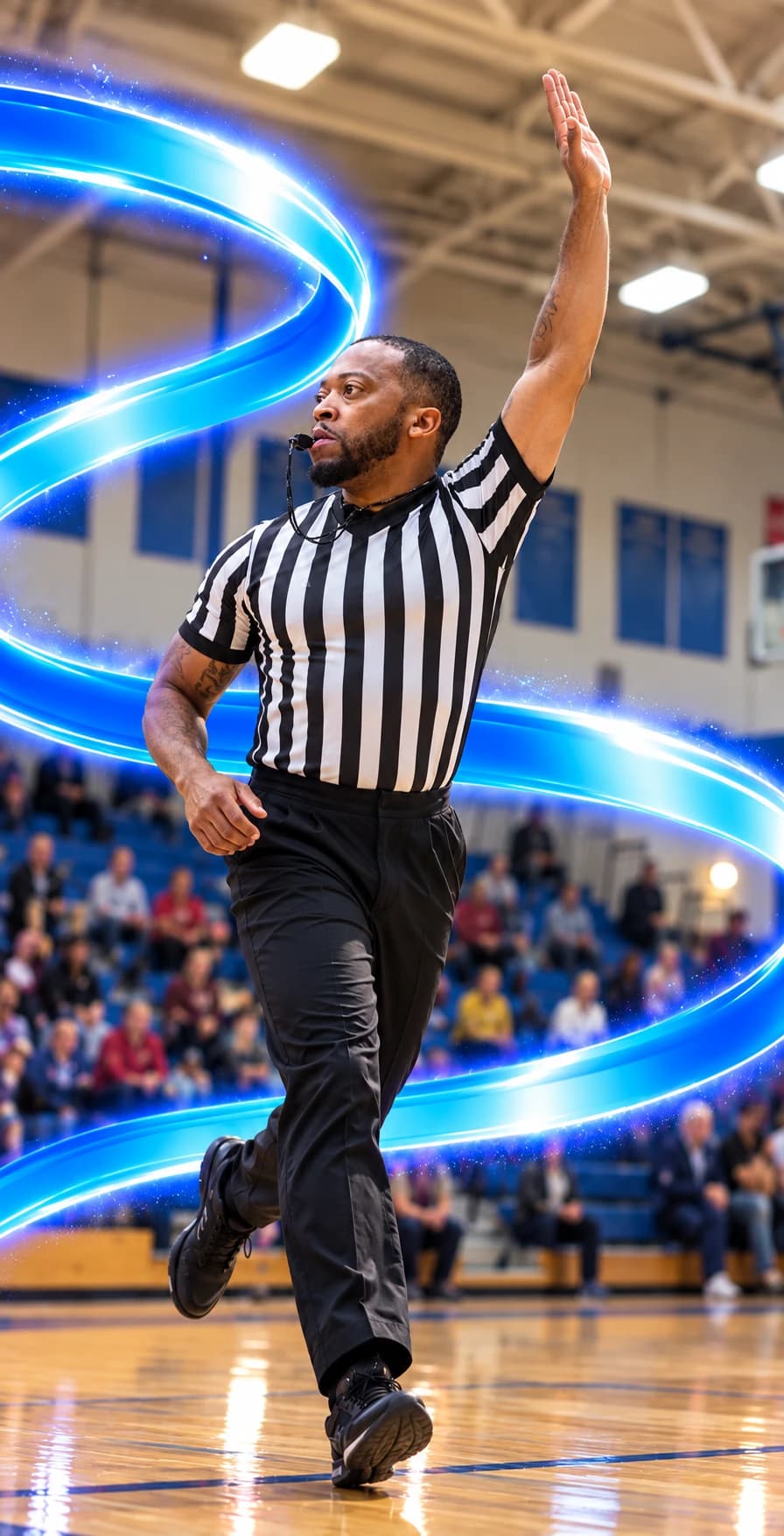 Basketball referee running the baseline with electric-blue light ribbons
