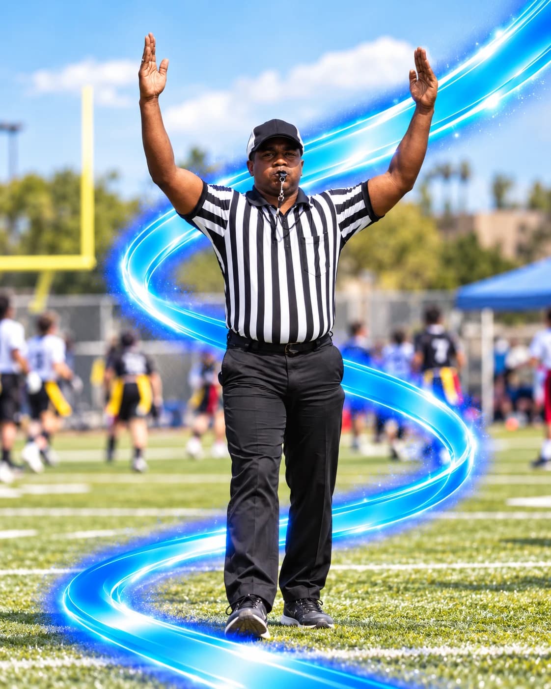 Flag football referee signaling a touchdown on a community field
