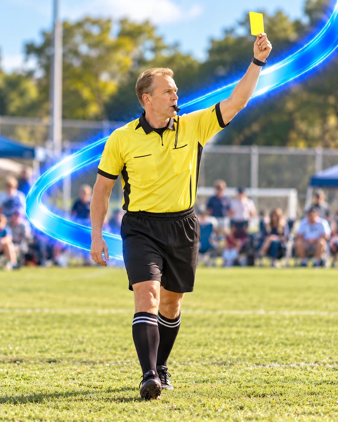 Soccer referee showing a yellow card on a county park pitch