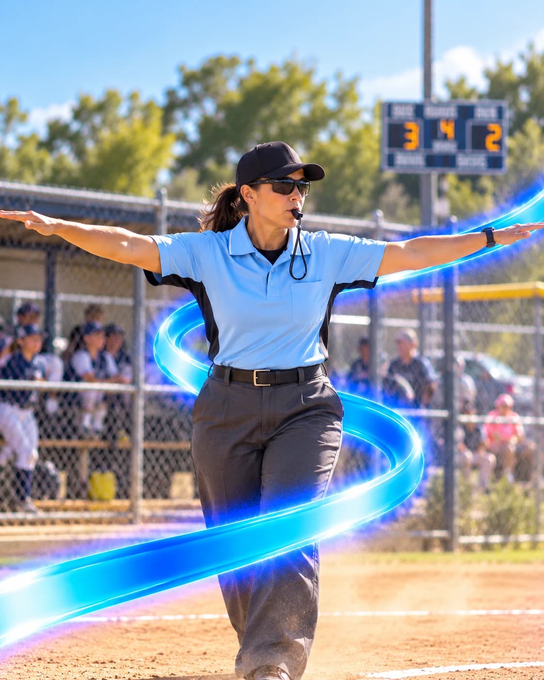 Softball umpire signaling safe on a community diamond