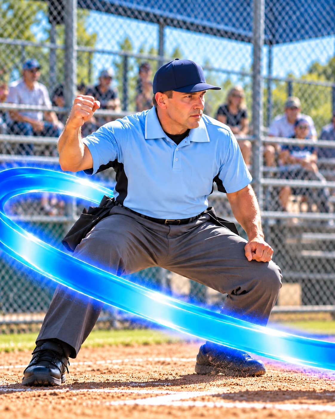 Baseball umpire making an out call at a youth ballpark