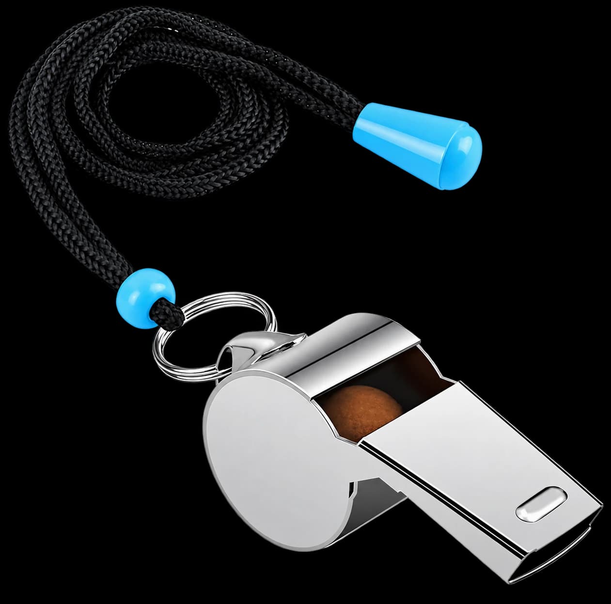 Chrome referee whistle on a black lanyard